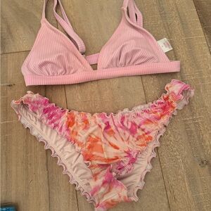 Pink Ribbed Bikini Top with Tie-Dye Pink & Orange Ruffle Bottom